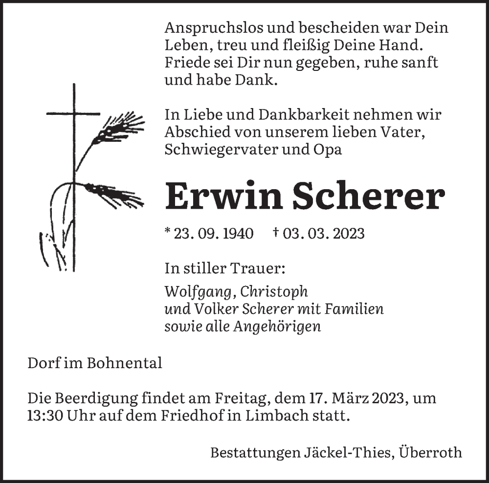  Traueranzeige für Erwin Scherer vom 11.03.2023 aus saarbruecker_zeitung
