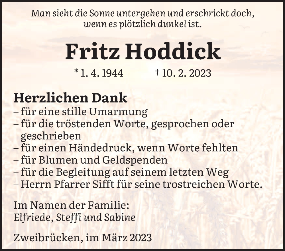  Traueranzeige für Fritz Hoddick vom 18.03.2023 aus saarbruecker_zeitung
