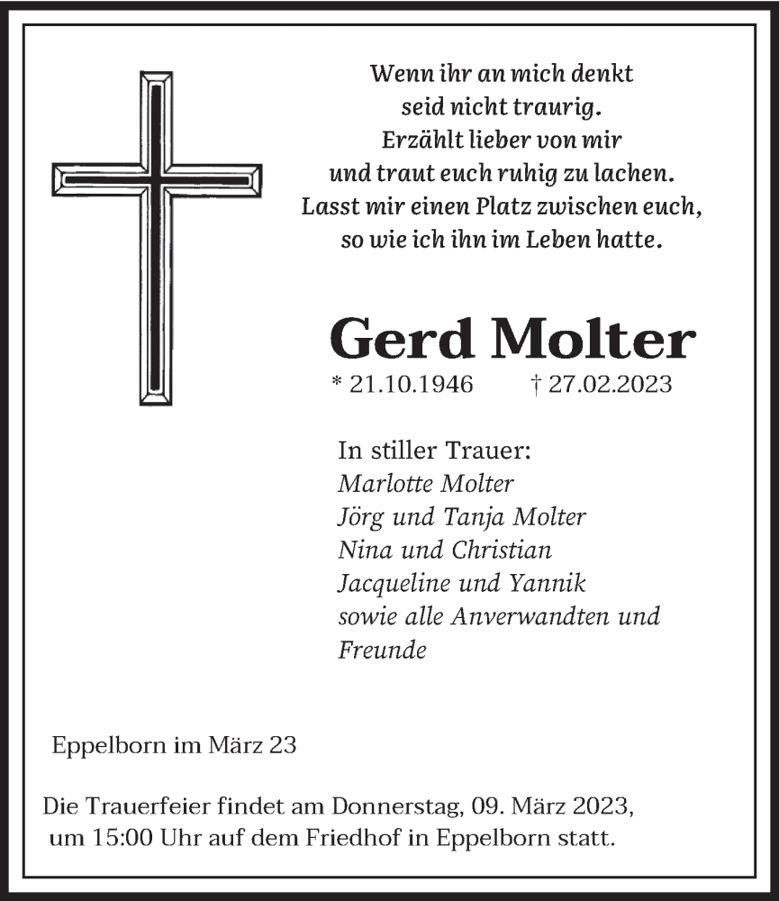  Traueranzeige für Gerd Molter vom 04.03.2023 aus saarbruecker_zeitung