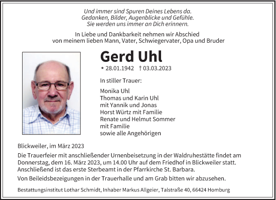Traueranzeige von Gerd Uhl von saarbruecker_zeitung