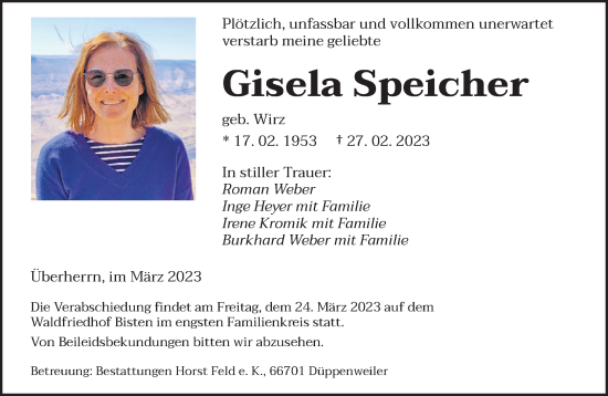 Traueranzeige von Gisela Speicher von saarbruecker_zeitung