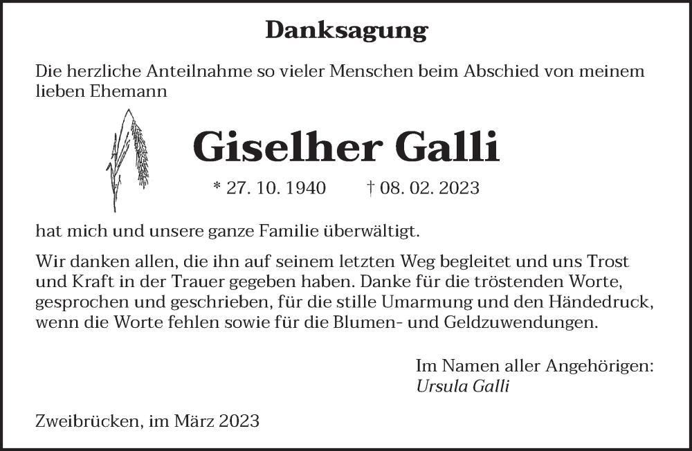  Traueranzeige für Giselher Galli vom 04.03.2023 aus saarbruecker_zeitung