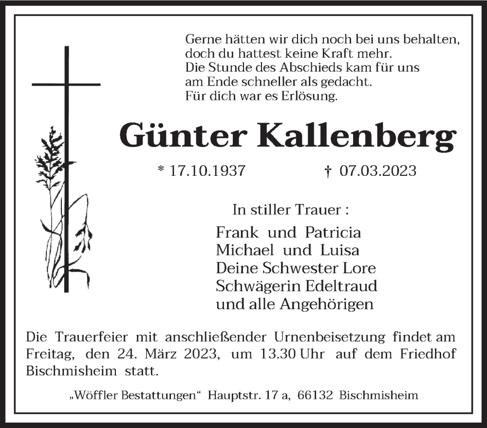  Traueranzeige für Günter Kallenberg vom 18.03.2023 aus saarbruecker_zeitung