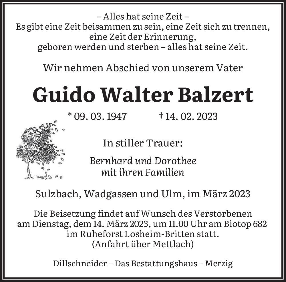  Traueranzeige für Guido Walter Balzert vom 11.03.2023 aus saarbruecker_zeitung