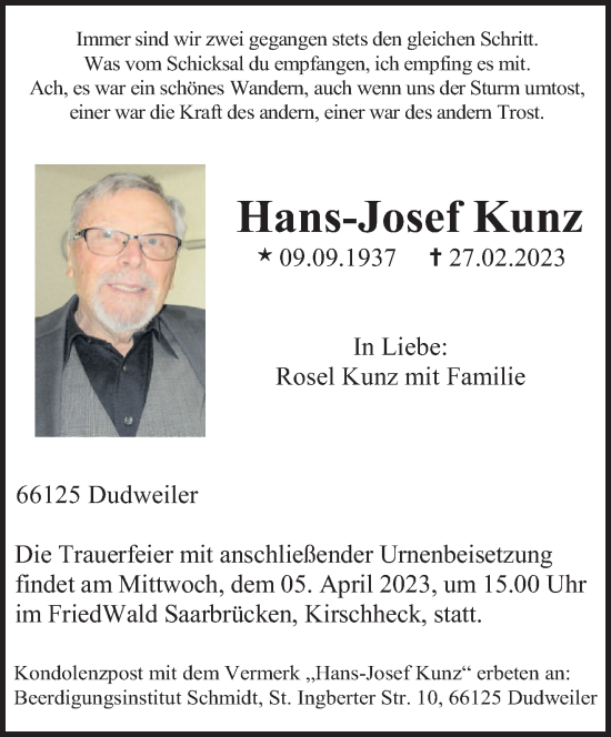 Traueranzeige von Hans-Josef Kunz von saarbruecker_zeitung
