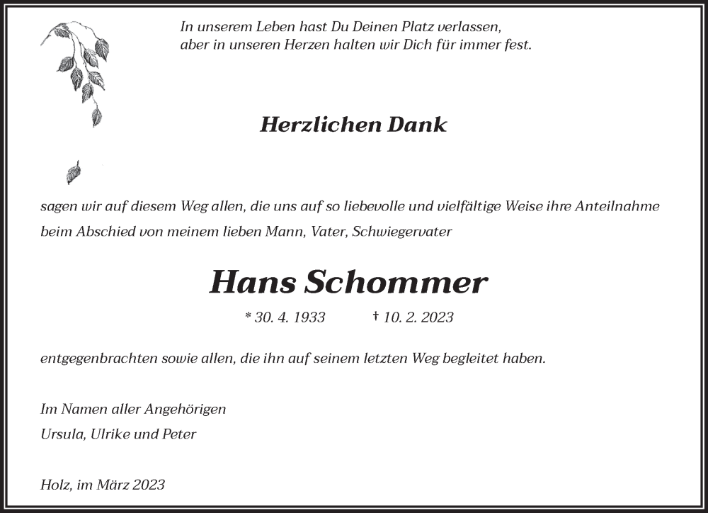  Traueranzeige für Hans Schommer vom 11.03.2023 aus saarbruecker_zeitung