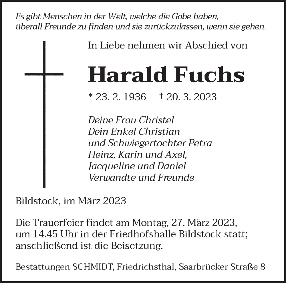  Traueranzeige für Harald Fuchs vom 25.03.2023 aus saarbruecker_zeitung