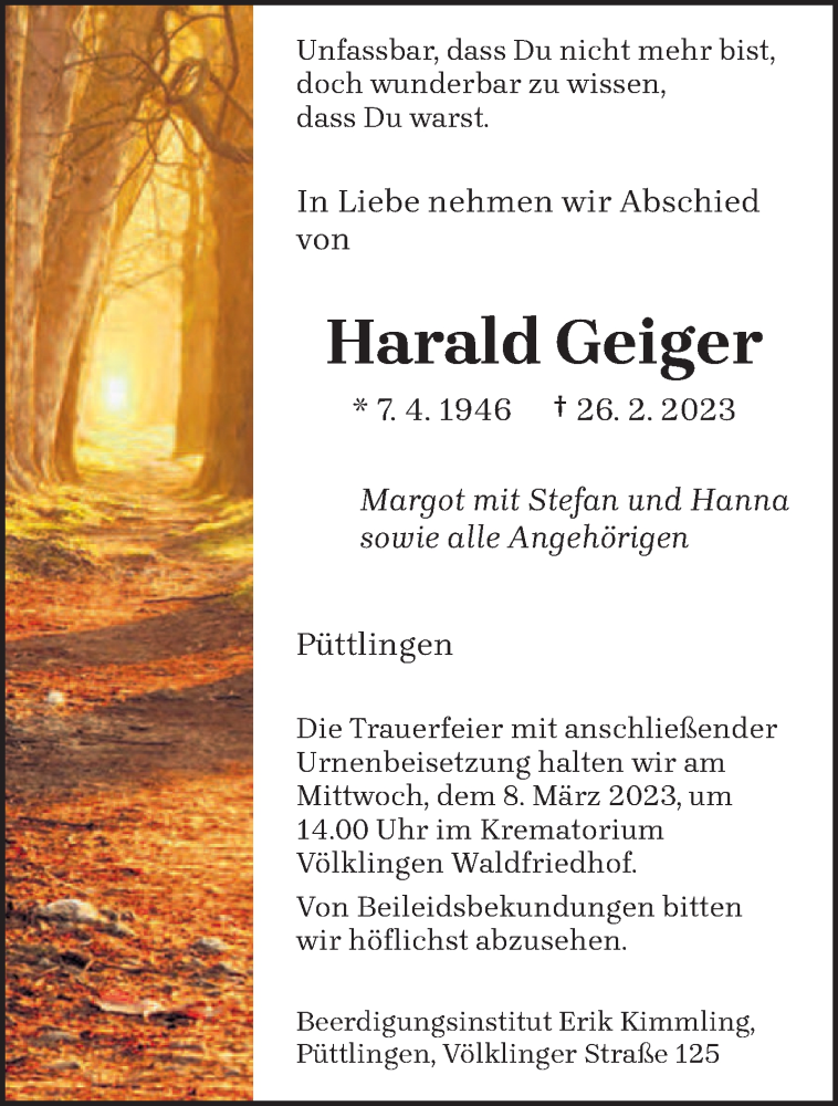  Traueranzeige für Harald Geiger vom 04.03.2023 aus saarbruecker_zeitung