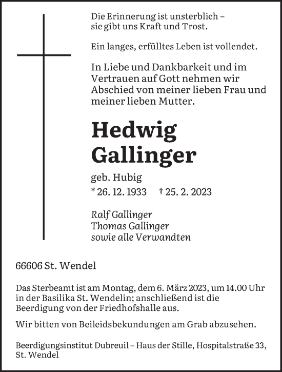 Traueranzeige von Hedwig Gallinger von saarbruecker_zeitung