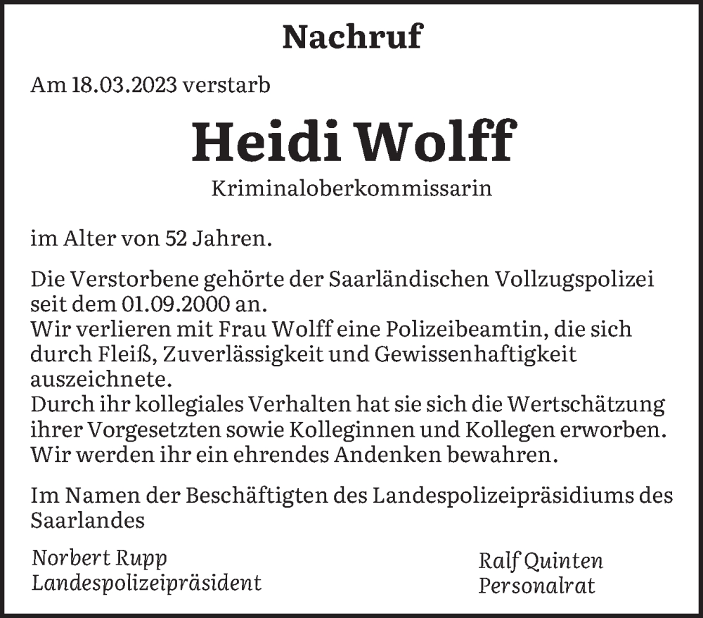  Traueranzeige für Heidi Wolff vom 23.03.2023 aus saarbruecker_zeitung