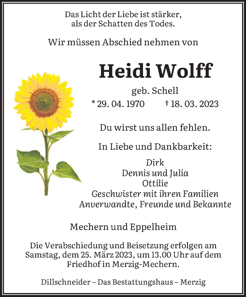  Traueranzeige für Heidi Wolff vom 22.03.2023 aus saarbruecker_zeitung