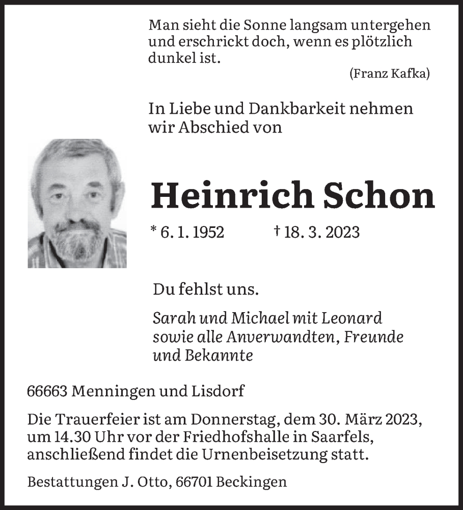 Traueranzeigen von Heinrich Schon | Saarbruecker-Zeitung.Trauer.de