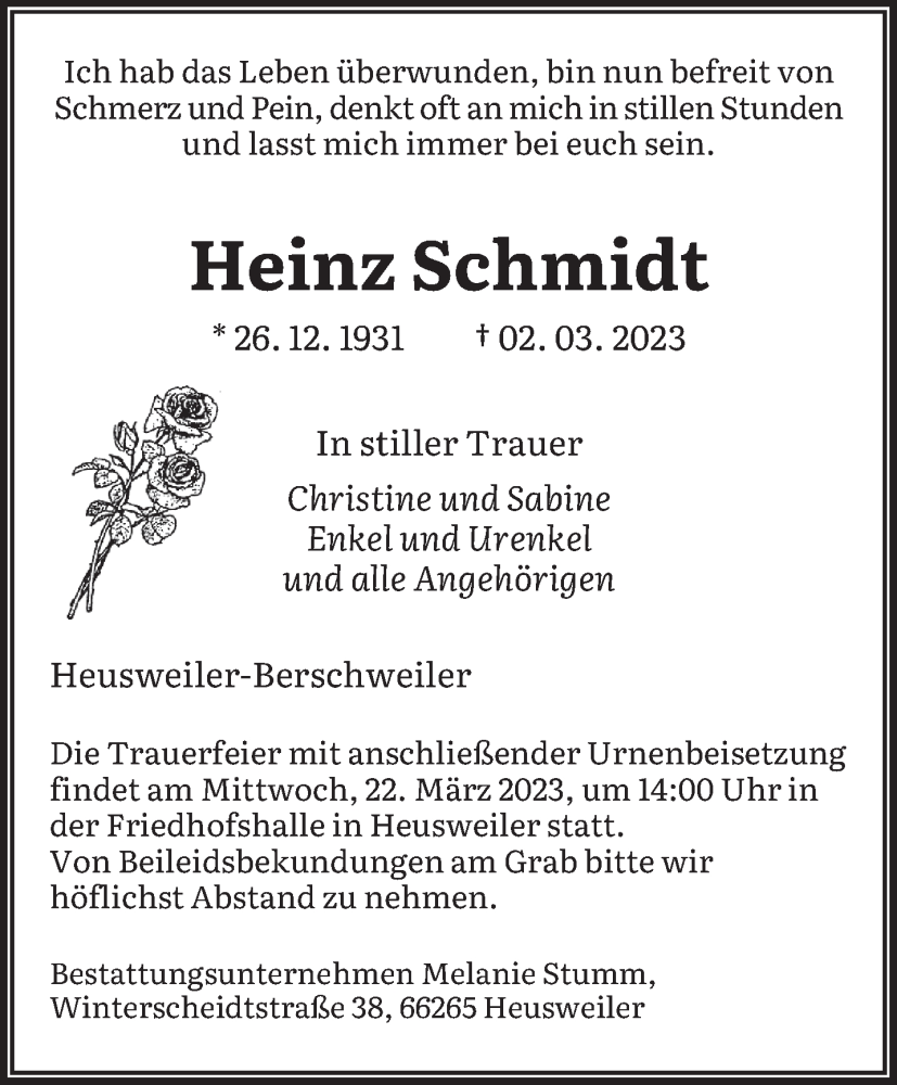  Traueranzeige für Heinz Schmidt vom 18.03.2023 aus saarbruecker_zeitung