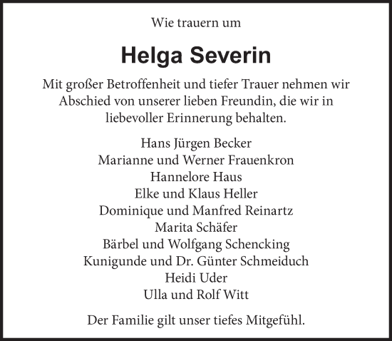 Traueranzeige von Helga Severin von saarbruecker_zeitung