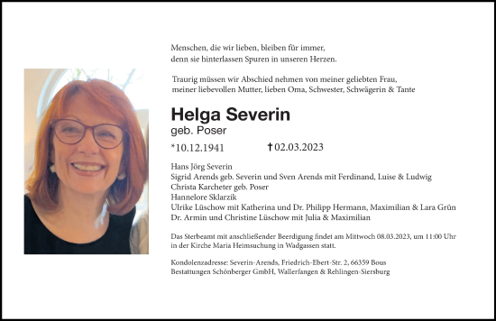 Traueranzeige von Helga Severin von saarbruecker_zeitung