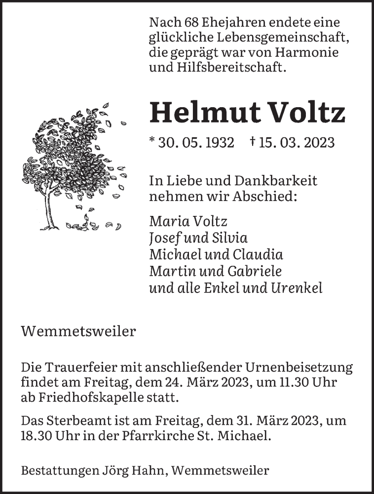  Traueranzeige für Helmut Voltz vom 18.03.2023 aus saarbruecker_zeitung