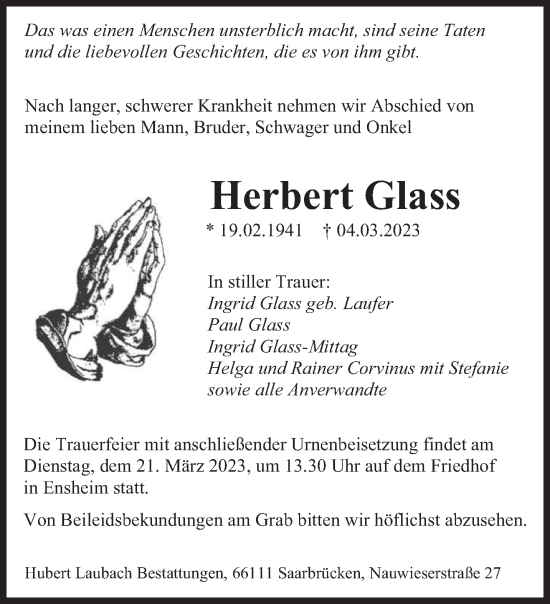 Traueranzeige von Herbert Glass von saarbruecker_zeitung