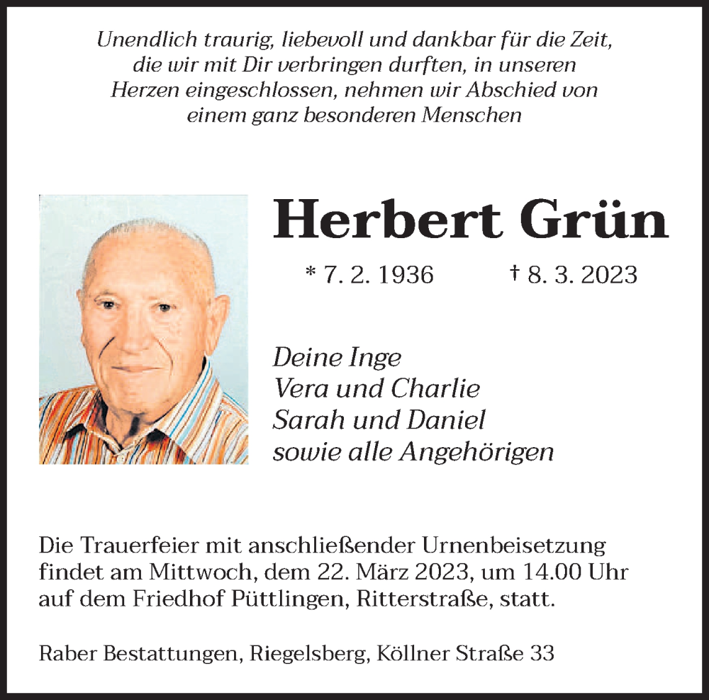  Traueranzeige für Herbert Grün vom 15.03.2023 aus saarbruecker_zeitung
