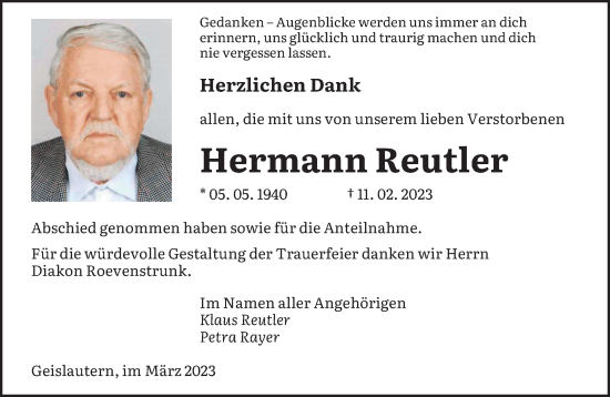 Traueranzeige von Hermann Reutler von saarbruecker_zeitung