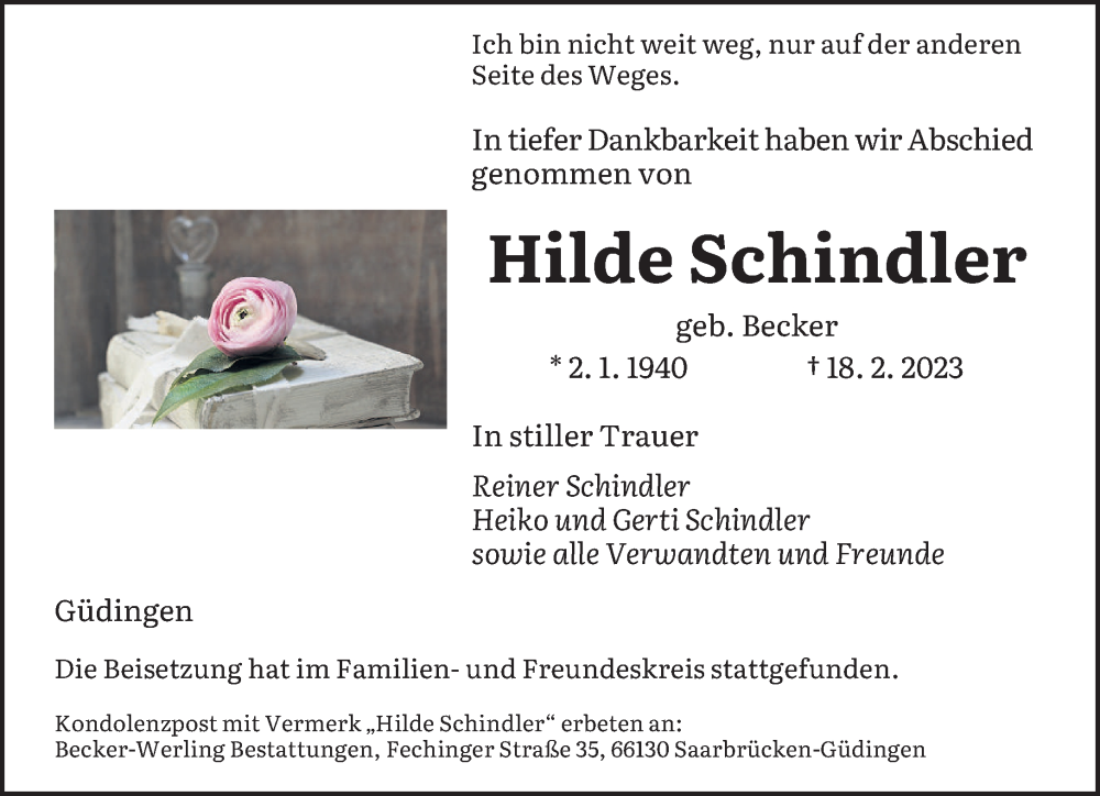  Traueranzeige für Hilde Schindler vom 07.03.2023 aus saarbruecker_zeitung