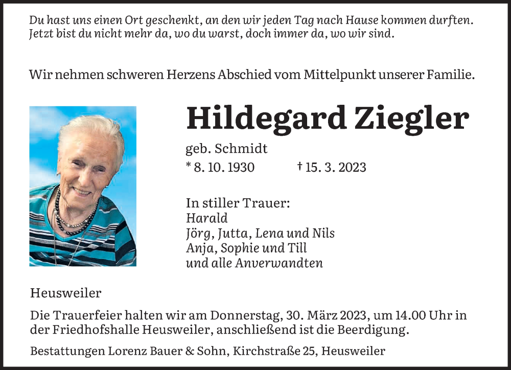  Traueranzeige für Hildegard Ziegler vom 25.03.2023 aus saarbruecker_zeitung