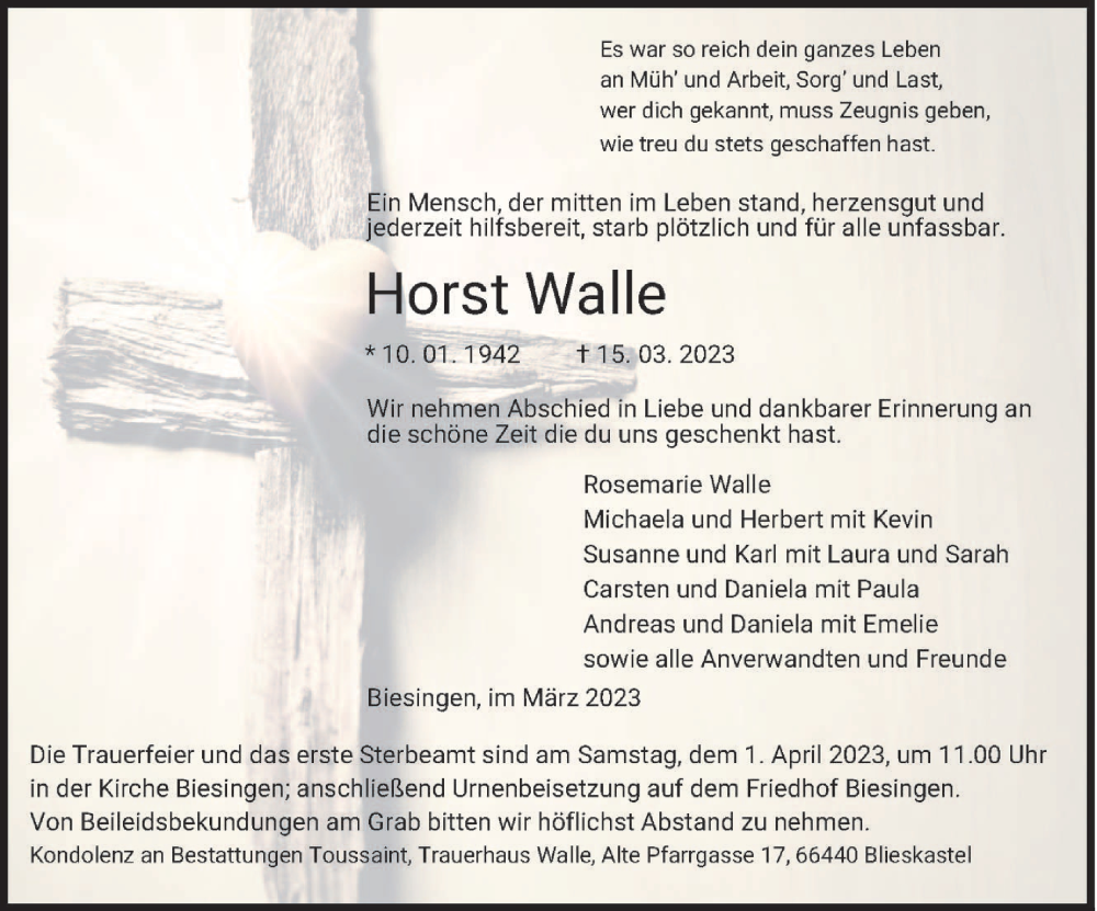  Traueranzeige für Horst Walle vom 25.03.2023 aus saarbruecker_zeitung
