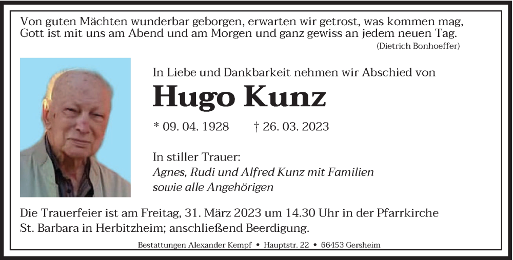  Traueranzeige für Hugo Kunz vom 29.03.2023 aus saarbruecker_zeitung