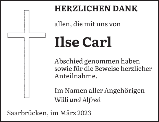 Traueranzeige von Ilse Carl von saarbruecker_zeitung