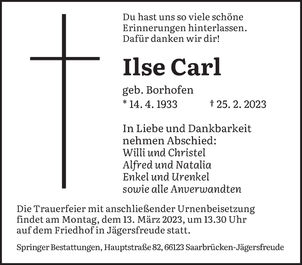  Traueranzeige für Ilse Carl vom 04.03.2023 aus saarbruecker_zeitung