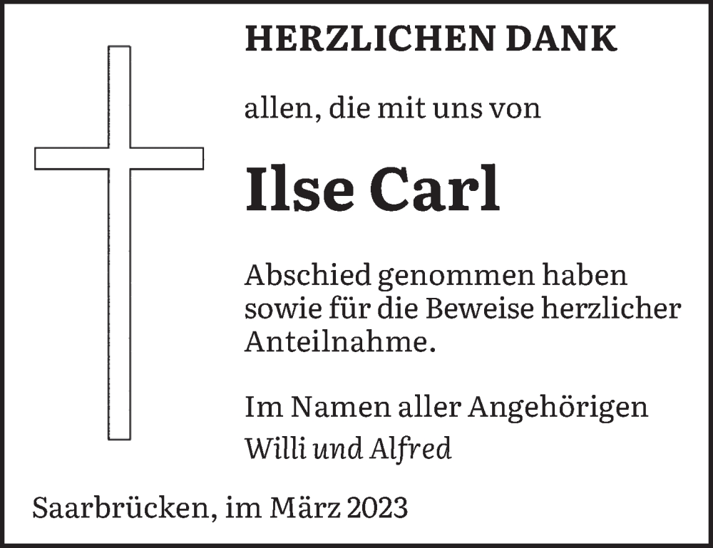  Traueranzeige für Ilse Carl vom 25.03.2023 aus saarbruecker_zeitung