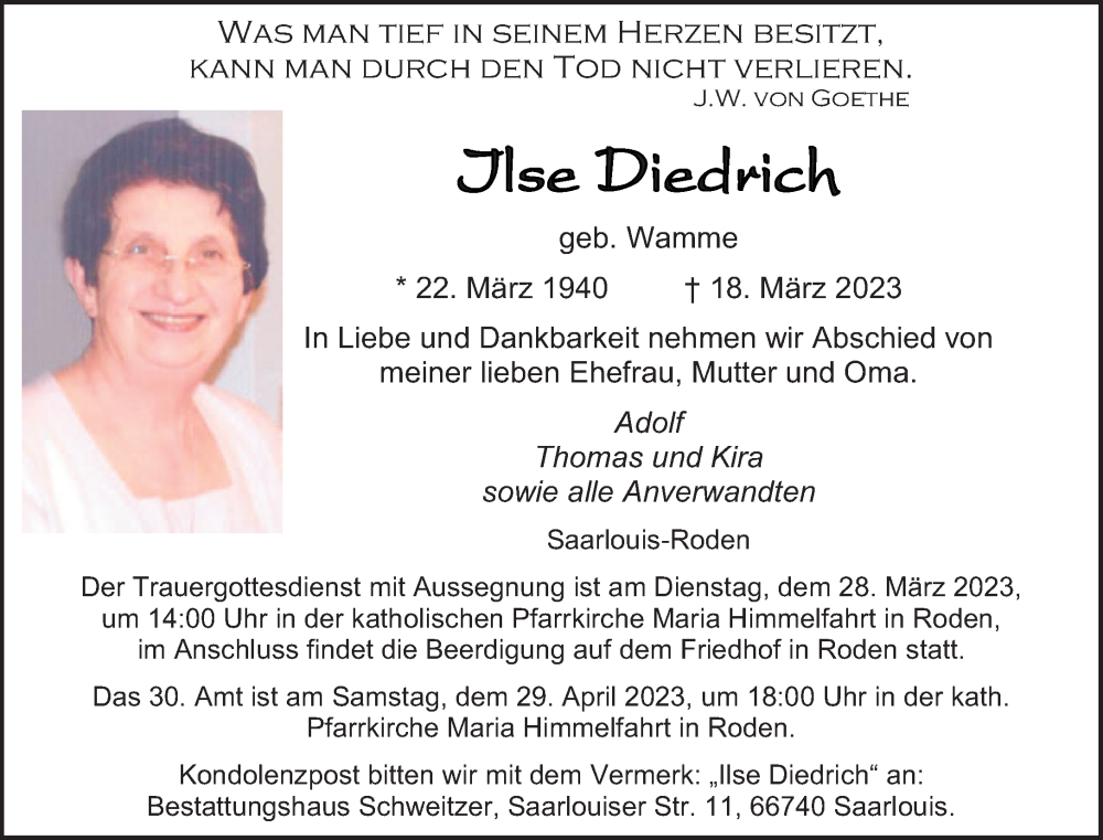  Traueranzeige für Ilse Diedrich vom 25.03.2023 aus saarbruecker_zeitung