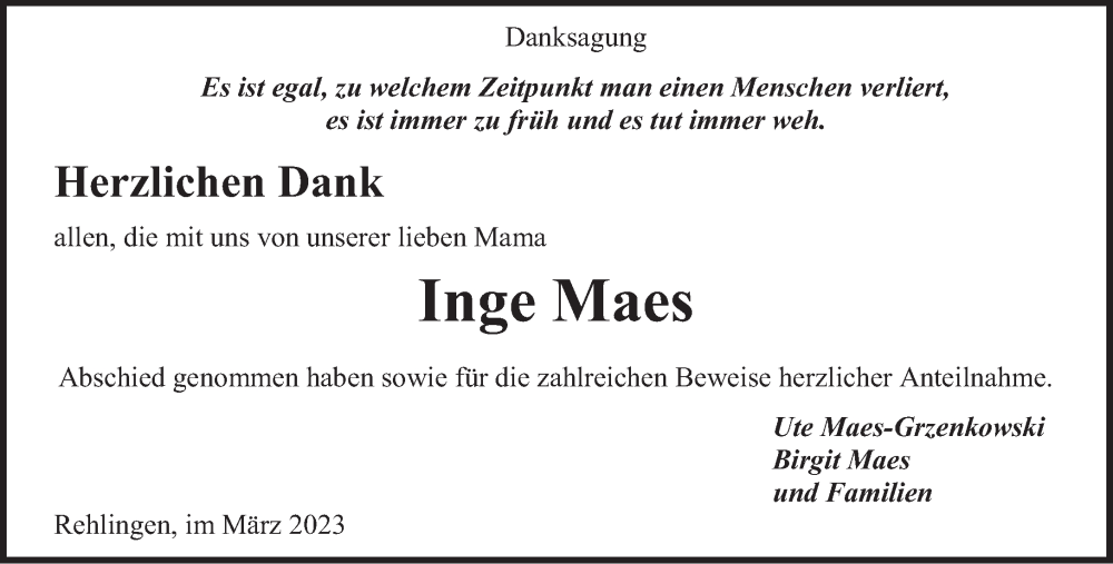  Traueranzeige für Inge Maes vom 04.03.2023 aus saarbruecker_zeitung