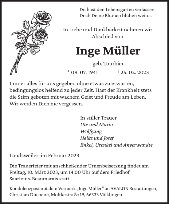 Traueranzeige von Inge Müller von saarbruecker_zeitung