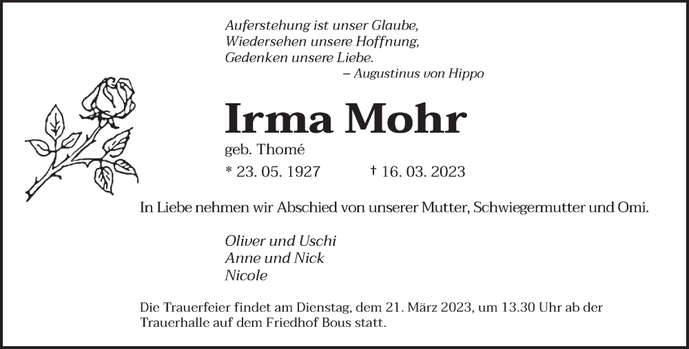  Traueranzeige für Irma Mohr vom 20.03.2023 aus saarbruecker_zeitung