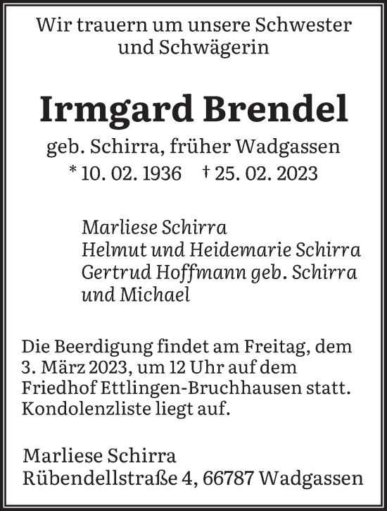 Traueranzeige von Irmgard Brendel von saarbruecker_zeitung
