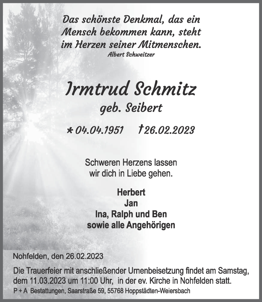 Traueranzeige für Irmtraud Schmitz vom 04.03.2023 aus saarbruecker_zeitung
