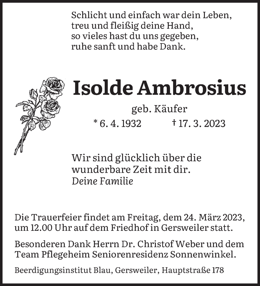  Traueranzeige für Isolde Ambrosius vom 21.03.2023 aus saarbruecker_zeitung