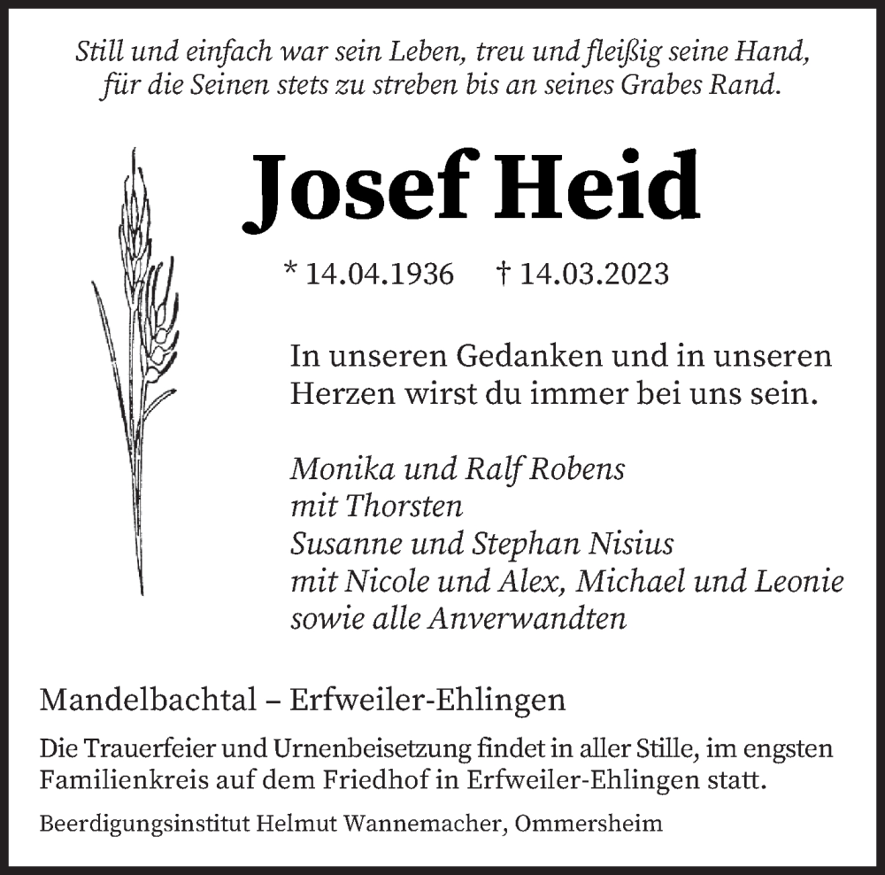 Traueranzeige für Josef Heid vom 18.03.2023 aus saarbruecker_zeitung