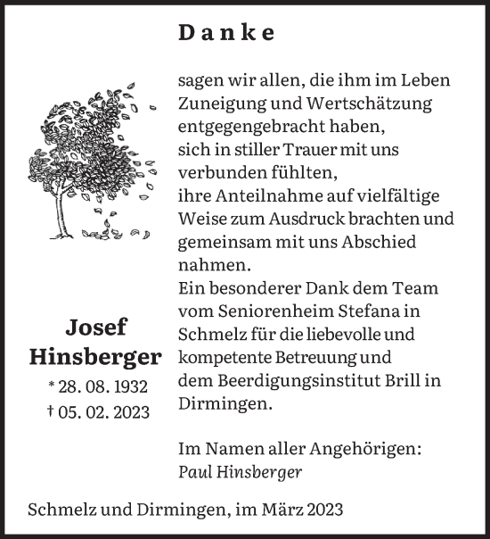 Traueranzeige von Josef Hinsberger von saarbruecker_zeitung