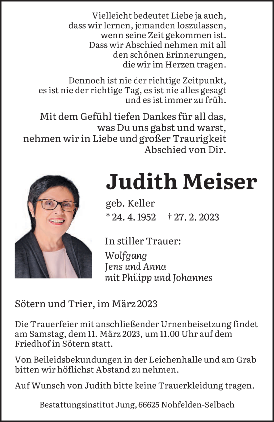 Traueranzeige von Judith Meiser von saarbruecker_zeitung