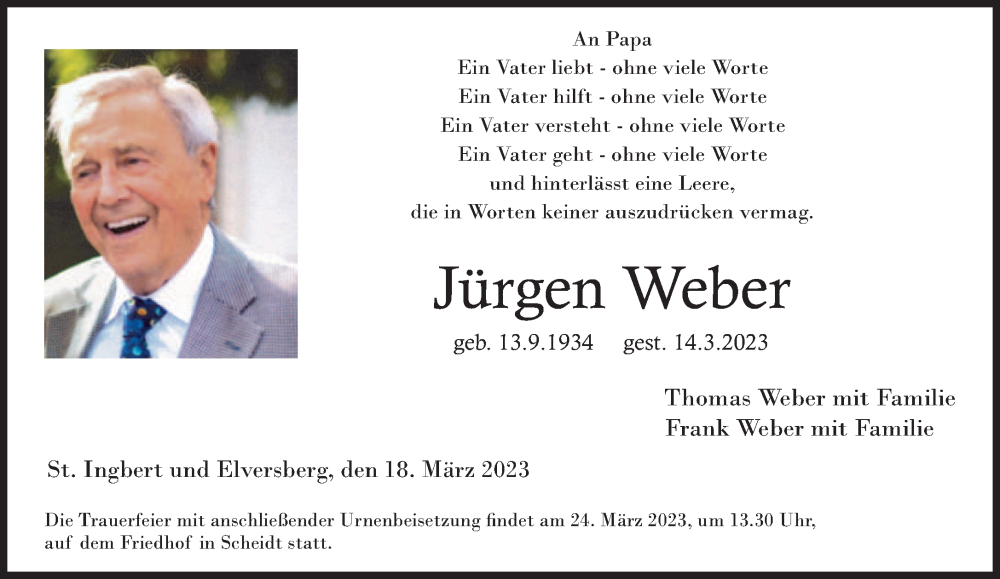  Traueranzeige für Jürgen Weber vom 18.03.2023 aus saarbruecker_zeitung