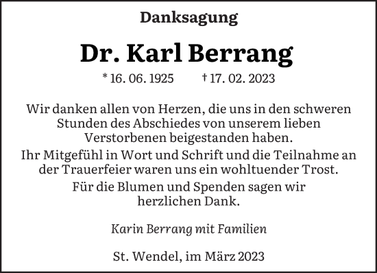 Traueranzeige von Karl Berrang von saarbruecker_zeitung