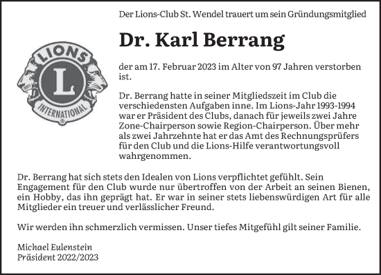Traueranzeige von Karl Berrang von saarbruecker_zeitung