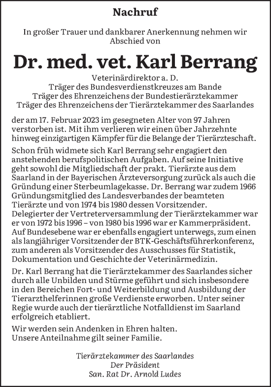 Traueranzeige von Karl Berrang von saarbruecker_zeitung