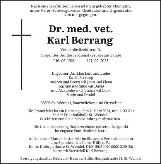 Traueranzeige von Karl Berrang von saarbruecker_zeitung