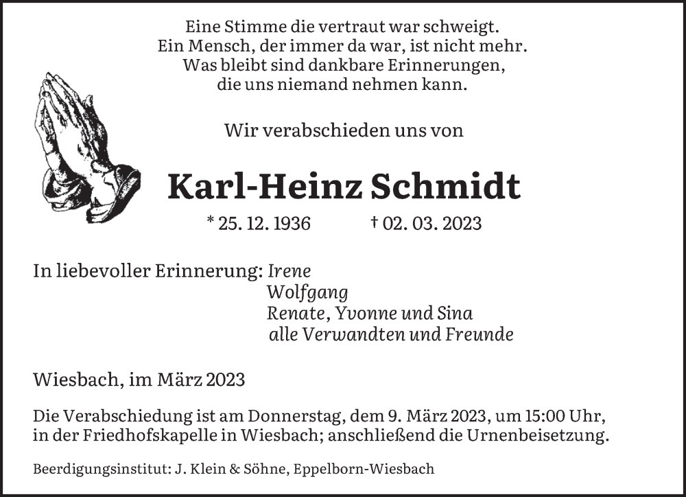  Traueranzeige für Karl-Heinz Schmidt vom 04.03.2023 aus saarbruecker_zeitung