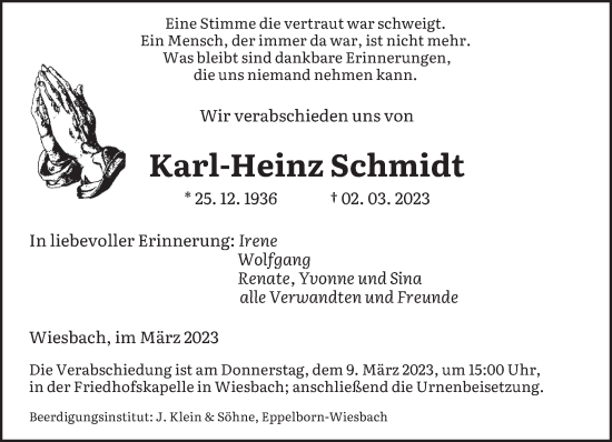 Traueranzeigen Von Karl Heinz Schmidt Saarbruecker Zeitung Trauer De