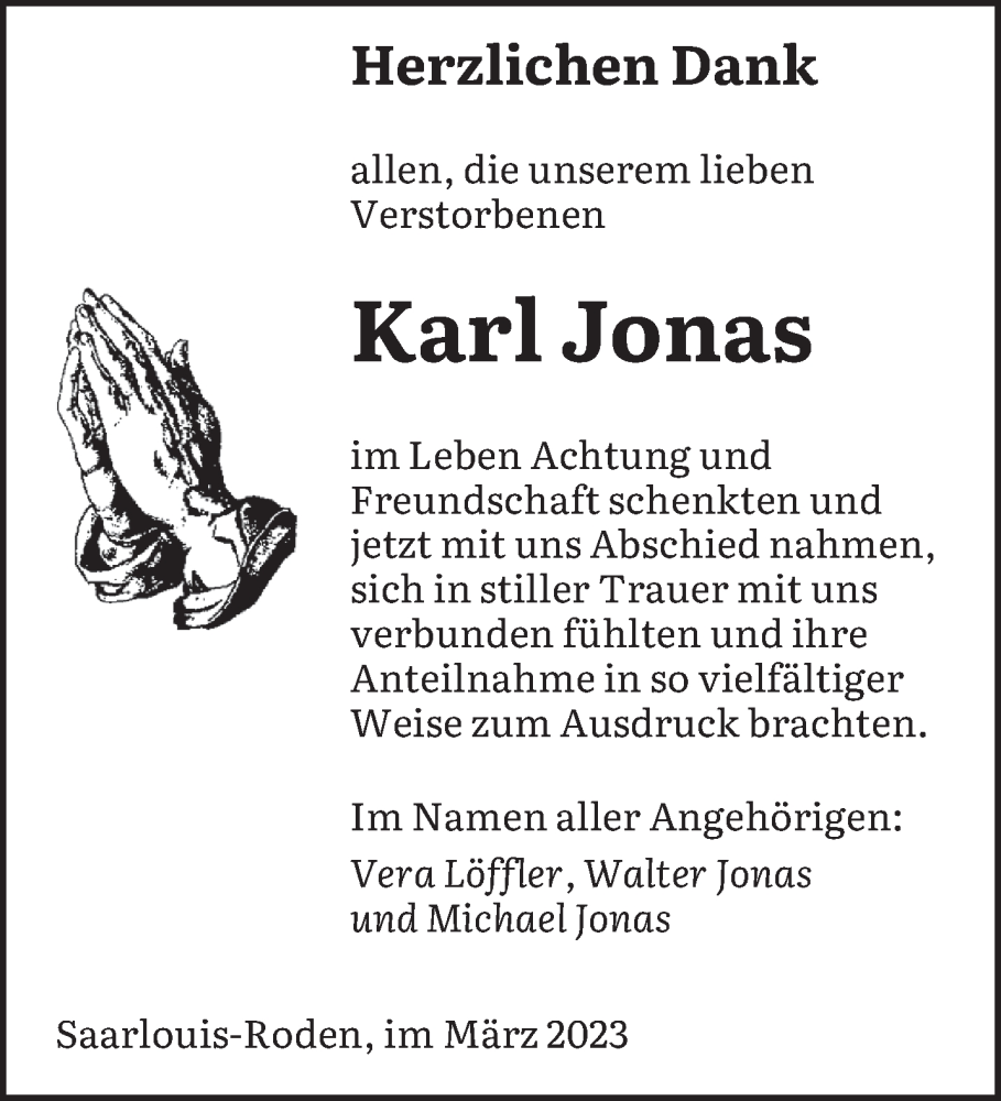  Traueranzeige für Karl Jonas vom 18.03.2023 aus saarbruecker_zeitung