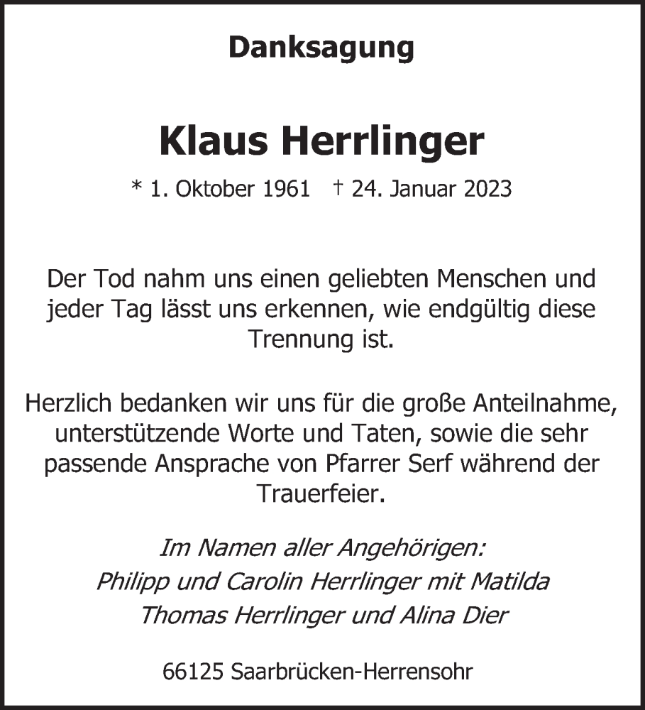  Traueranzeige für Klaus Herrlinger vom 25.03.2023 aus saarbruecker_zeitung