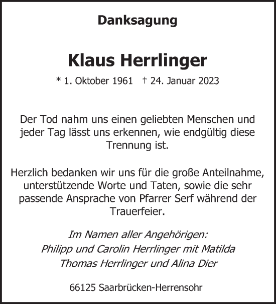 Traueranzeige von Klaus Herrlinger von saarbruecker_zeitung